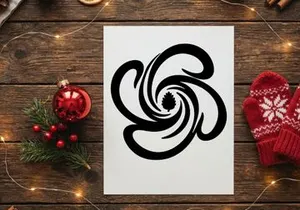 Black and white abstract floral swirl icon with a central pine cone silhouette design.