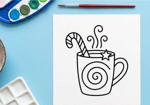 Hand-drawn steaming Christmas coffee mug with candy cane stirrer and festive swirls