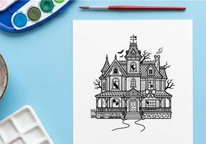 Ilustração de mansão vitoriana assombrada para design de Halloween. Casa gótica sinistra com árvores desfolhadas e atmosfera sinistra.
