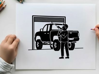 Silhouette of a man standing next to a large pickup truck in a garage