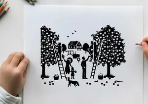 Family harvesting apples in orchard silhouette