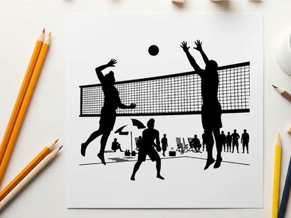Silhouette of volleyball players in action on the beach