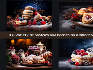 A variety of pastries and berries on a wooden table preview picture