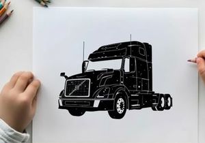 Silhouette of a large volvo semi truck on a white background