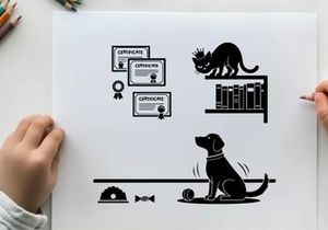 Silhouette of dog and cat with certificates and books