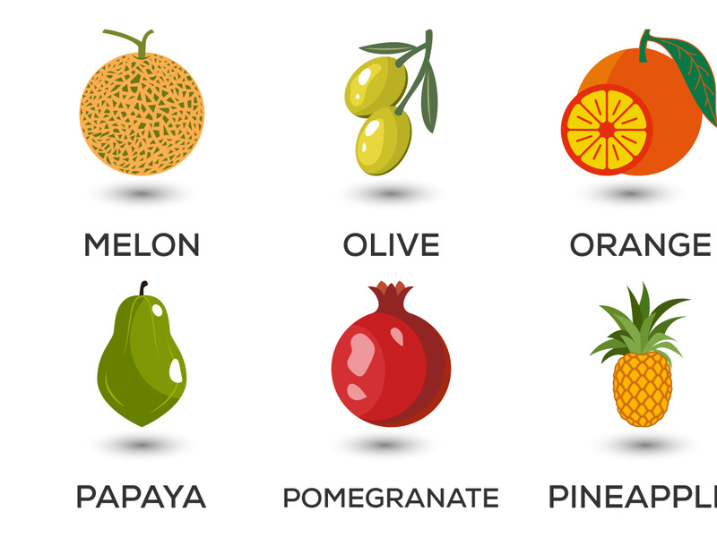 Set of fruits. Different colorful fruits. Fresh food, healthy eating concept. Vector illustration