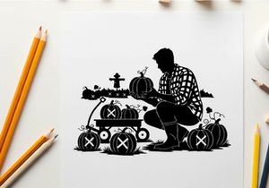 Silhouette of a man picking pumpkins in a patch at dusk