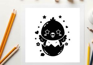 Kawaii silhouette of a chick hatching from an egg with stars and hearts