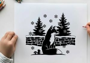 Silhouette of a fox sitting by a snowy wall with pine trees silhouette