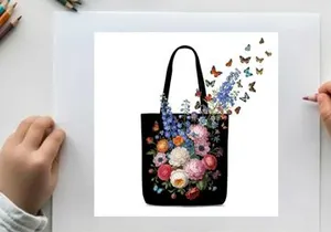 Vibrant floral silhouette design on black tote bag with butterflies