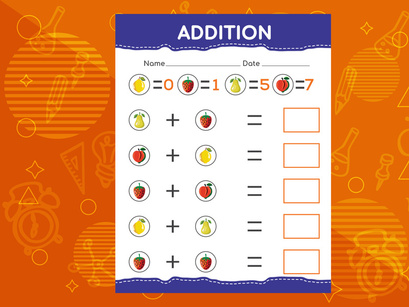 Addition with different fruits for kids. An educational worksheet for kids. Vector design