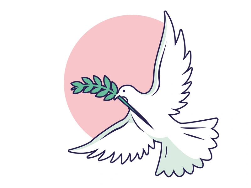 White dove bird with green sprig. Icon isolated on blue. Peace, holiday, love, hope vector symbol. International Peace day sign.