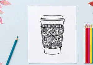 Hand-drawn Christmas coffee cup with festive ornate pattern and lid for holiday branding