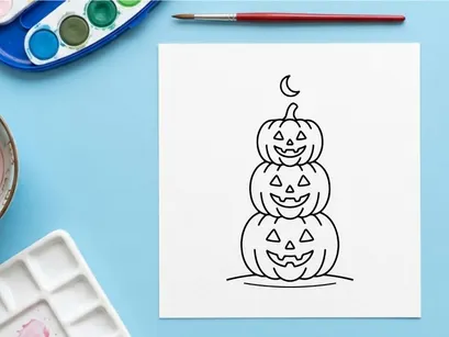 Abóboras de Halloween empilhadas com rostos sorridentes brilhando à noite. Trio de abóboras esculpidas no outono sob uma lua cheia para a estação...