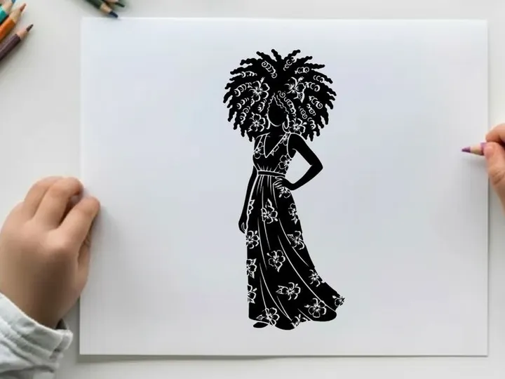 Silhouette of woman in ornate dress and headdress