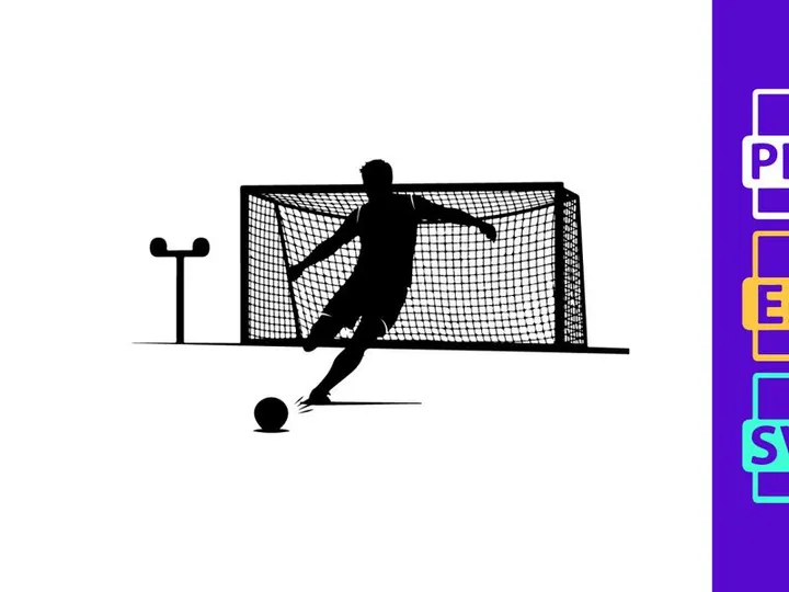 Soccer player kicking ball into goal with silhouette