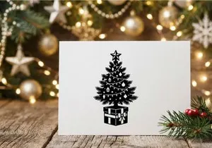 Ilustrasi ikon pohon Natal hitam putih dengan bintang dan hadiah kotak
