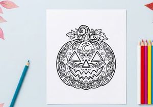 Hand-drawn Halloween pumpkin illustration with spooky face design. Intricate black and white sketch of jack-o'-lantern with floral swirls for seaso...