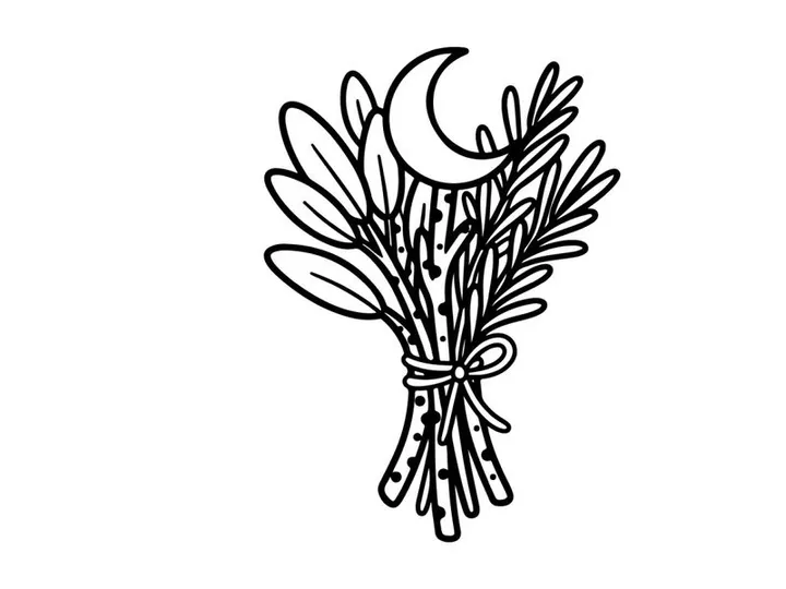 Hand-drawn Halloween olive branch bouquet with crescent moon. Spooky autumn botanical illustration for seasonal decor and invitations.