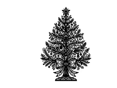 Ilustración de árbol de Navidad en blanco y negro con adornos y un lazo decorativo