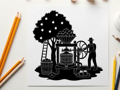 Vintage silhouette of a farmer operating an old fashioned fruit press