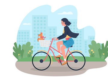 Woman on bicycle with dog in basket 2D vector web banner, poster preview picture