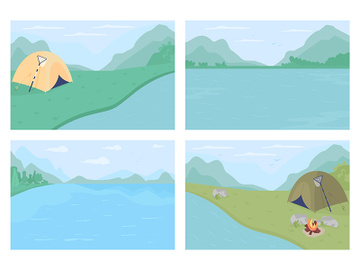 Water body ringed by mountains flat color vector illustrations set preview picture