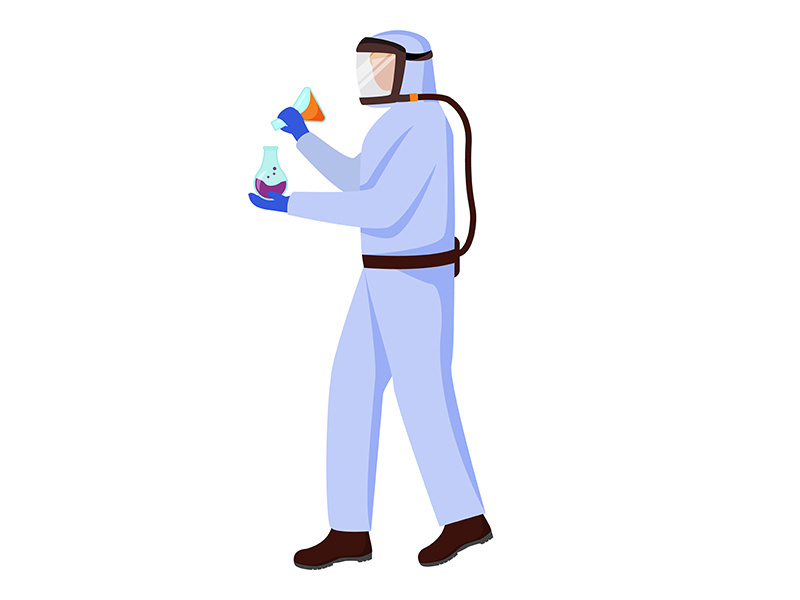 Scientist in protective suit flat vector illustration