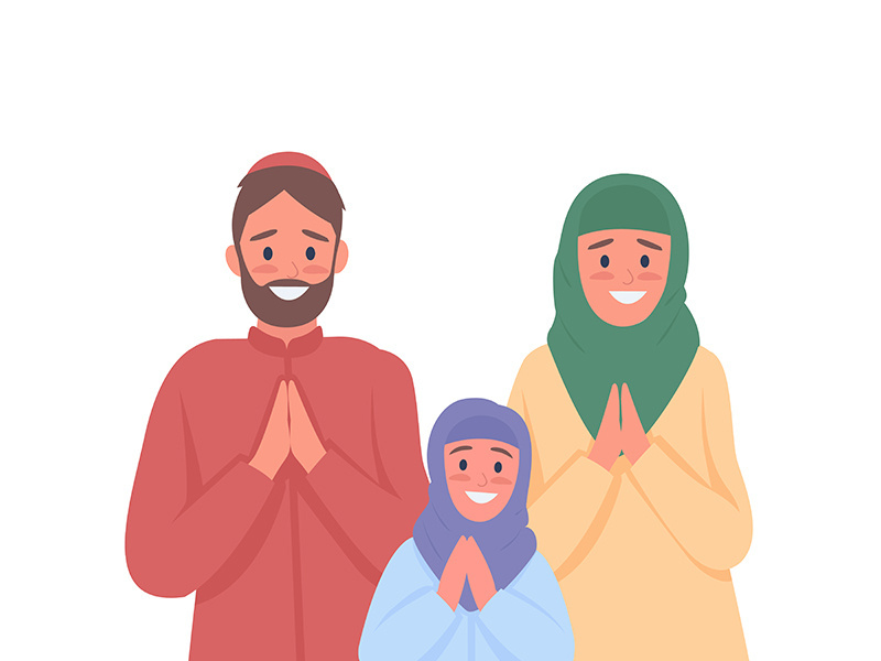Happy arabian family praying flat color vector faceless characters