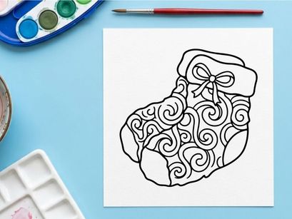 Hand-drawn Christmas gift box with ornate bow and festive swirl patterns for holiday decor
