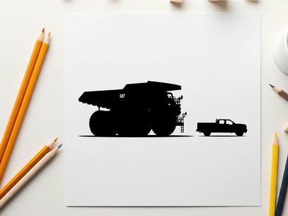 Silhouette of a large mining truck and a small pickup truck