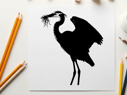 Silhouette of a heron building a nest with twigs and branches