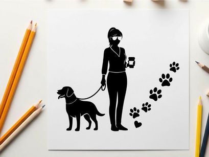 Silhouette of woman walking dog with coffee cup