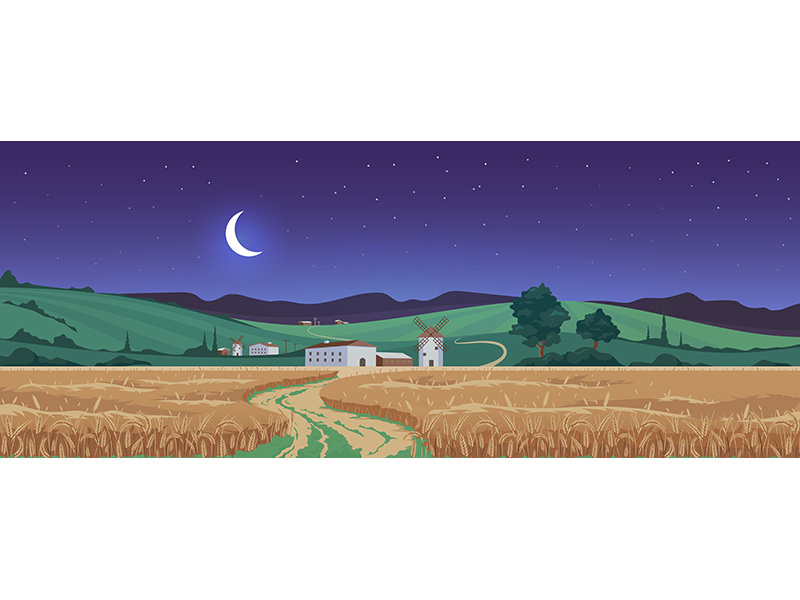 New moon above wheat fields flat color vector illustration