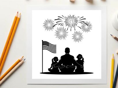 Patriotic family silhouette watching fireworks on 4th of july