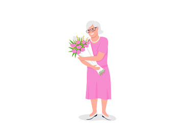 Happy senior caucasian woman with flowers flat color vector detailed character preview picture
