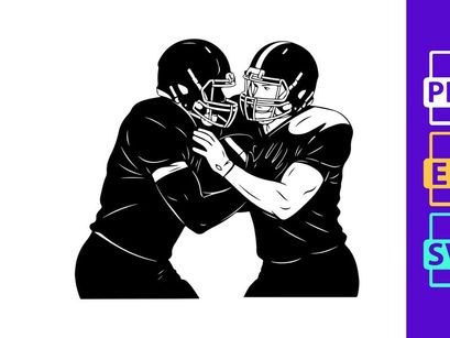 Two american football players in action tackling each other