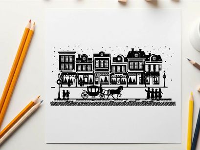 Silhouette of a horse drawn carriage in front of buildings