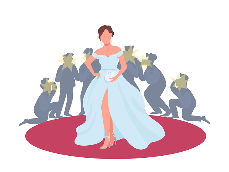 Actress in fancy dress on red carpet flat concept vector illustration