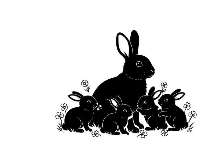 Silhouette of a mother rabbit and her adorable baby bunnies