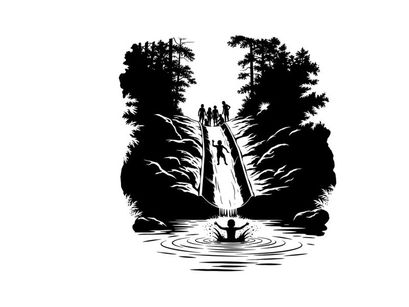 Silhouette of a person in a boat approaching a bridge with people silhouette