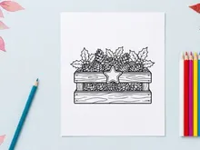 Christmas wooden crate with pine cones and holly leaves line art illustration