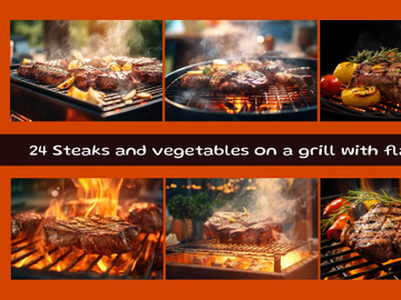 Steaks and vegetables on a grill with flames preview picture