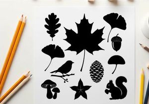 Silhouette of various forest elements and animals in black