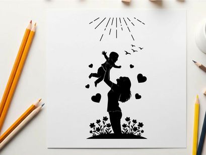 Silhouette of a woman holding baby with hearts and sun