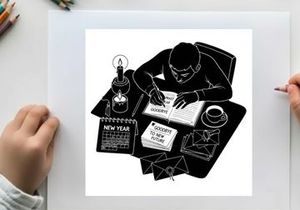 Silhouette of a man writing at a desk with new year's resolutions