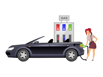Woman refueling car flat color vector faceless character preview picture