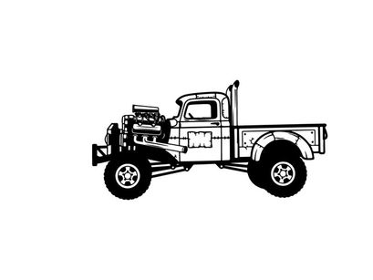Silhouette of a vintage pickup truck with large tires and exposed engine silhouette