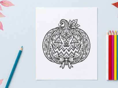 Halloween pumpkin jack-o-lantern illustration with tribal patterns. Spooky hand-drawn skull vector art for seasonal decor and graphic design.