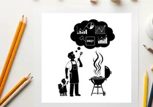 Silhouette of man grilling with dog and business graphs in thought